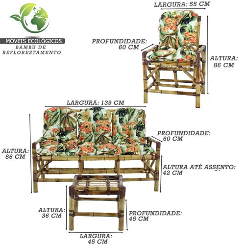 Conjunto Bambu 5 Lugares, 1 Poltrona, 2 Cadeiras + 1 Mesa de Centro com Almofadas para Área  Verde
